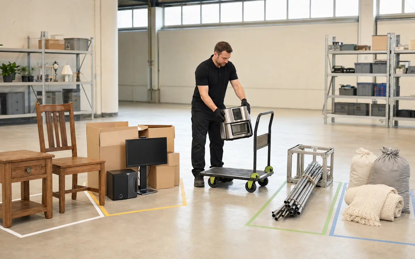 Worker sorting reusable furniture, electronics, metal and textiles